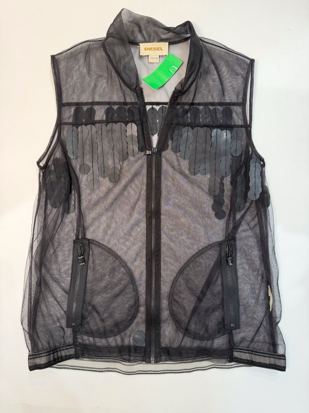 Diesel Black Sheer Mesh Zip Vest with Green Tag
